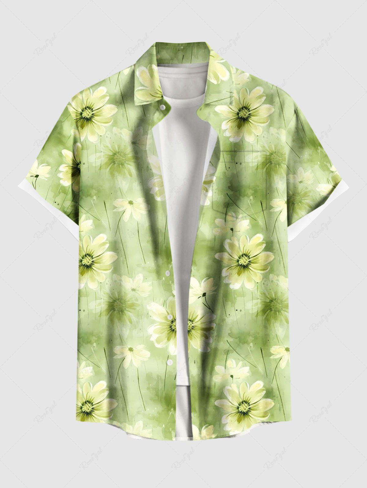 Cheap Plus Size Daisy Flowers Print Buttons Pocket Hawaii Shirt For Men  