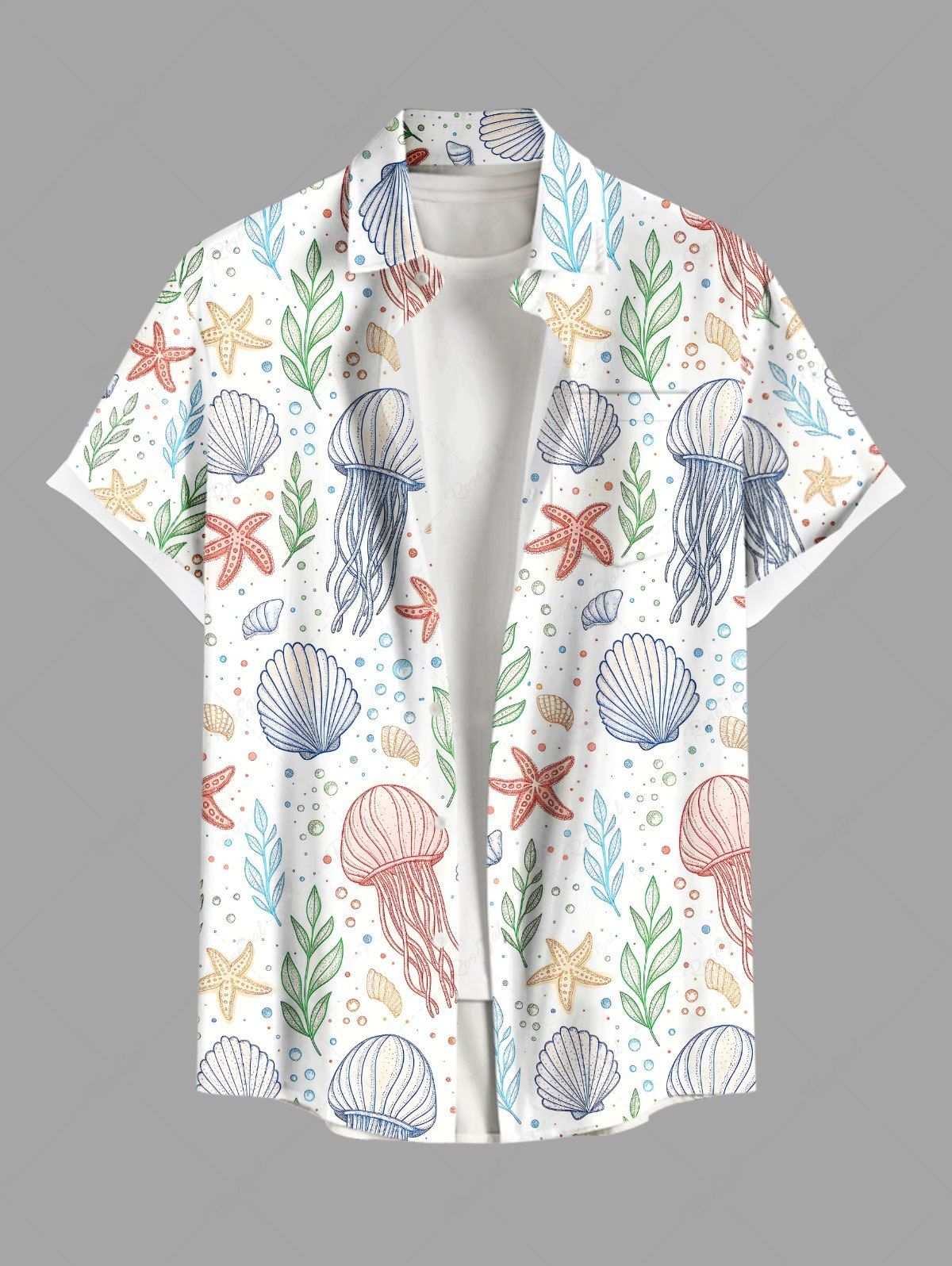 Cheap Plus Size Jellyfish Shell Starfish Leaf Print Buttons Pocket Hawaii Shirt For Men  