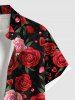 Plus Size Valentine's Day Rose Flowers Heart Print Buttons Pocket Shirt For Men -  