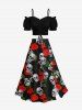 Plus Size Valentine's Day Rose Flowers Skulls Print Split Skirt -  