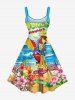 Robe débardeur grande taille imprimée cocotiers, hibiscus, perroquets et paysage marin, style hawaïen - Bleu Ciel 4X