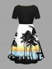 Robe hawaïenne grande taille à imprimé ombré ciel et mer avec cocotiers et ciel, cintrée - Noir 4X