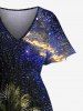 Robe midi trapèze grande taille à imprimé galaxie, paillettes et cocotiers, style hawaïen, avec poches fendues - Noir XXS