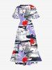 Plus Size Tropical Leaf Flower Print Hawaii Split Pocket A Line Midi Dress - Blanc XXS