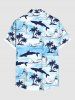 Chemise à poches boutonnées grande taille pour homme, imprimée de requins et de cocotiers, avec motifs de créatures marines hawaïennes. - Bleu Ciel 3XL