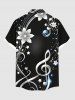 Chemise hawaïenne à poches boutons, imprimé fleurs, étoiles et symboles musicaux, grande taille, pour hommes - Noir 5XL