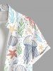 Plus Size Jellyfish Shell Starfish Leaf Print Buttons Pocket Hawaii Shirt For Men -  