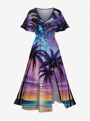Plus Size Galaxy Coconut Tree Seascape Print Split Hawaii Midi Dress - PURPLE - XXS