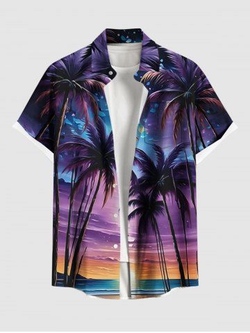 Chemise hawaïenne grande taille pour homme, imprimée galaxie, cocotiers et paysage marin, avec boutons et poche. - PURPLE - 6XL