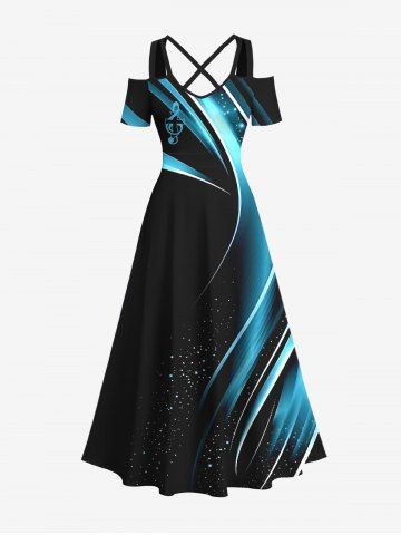 Plus Size Cross Musical Notes Galaxy Light Beam Print Cold Shoulder Crisscross Hawaii Maxi Dress - BLACK - L