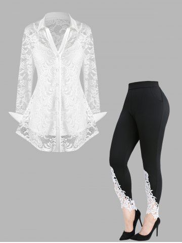 Lace See Thru Blouse with Cami Top Set and Flower Appliques Leggings Plus Size Outfit - WHITE