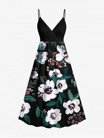 Plus Size Flowers Leaf Oil Painting Print Surplice Hawaii Cami Dress - BLACK - XXS