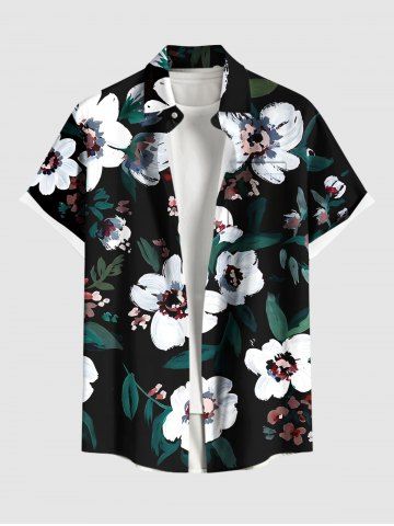 Chemise hawaïenne grande taille pour homme, imprimée de fleurs et de feuilles (style peinture à l&#39;huile), avec boutons et poche. - BLACK - S