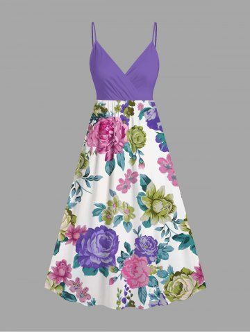 Robe débardeur trapèze à imprimé floral et feuilles colorées grande taille, style hawaïen, cache-cœur. - PURPLE - 5X