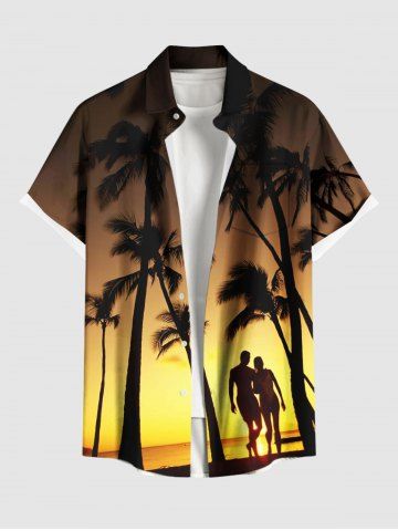 Plus Size Coconut Tree Lovers Ombre Dusk Print Hawaii Button Pocket Shirt For Men - YELLOW - 3XL