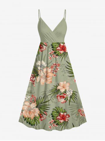 Plus Size Tropical Leaf Hibiscus Flower Print Hawaii Surplice A Line Cami Dress - LIGHT GREEN - 2X
