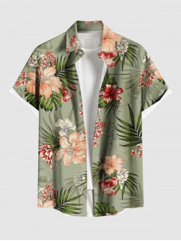Chemise à poches boutonnées grande taille pour homme, imprimée de fleurs d&#39;hibiscus et de feuilles tropicales, style hawaïen - GREEN - 5XL