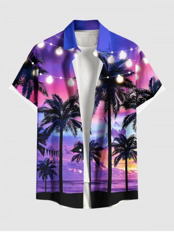 Plus Size Coconut Tree Illumination Ombre Galaxy Print Hawaii Button Pocket Shirt For Men - PURPLE - M
