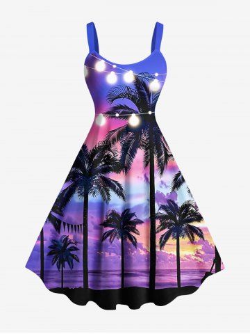 Plus Size Coconut Tree Illumination Ombre Galaxy Print Hawaii A Line Dress - PURPLE - S