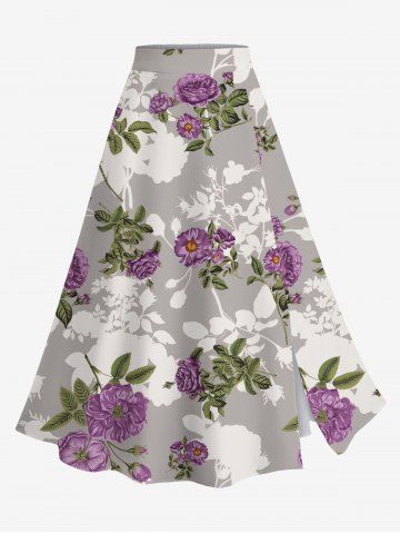 Plus Size Flower Leaf Branch Print Hawaii Split A Line Skirt - LIGHT GRAY - 4X