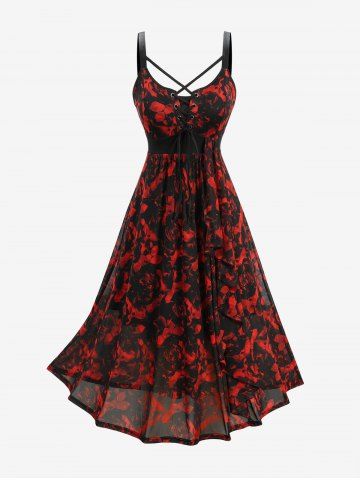 Plus Size Rose Flower Print Grommets Lace Up Tank Dress - RED - 1X | US 14-16