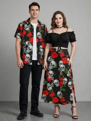 Ensemble assorti grande taille pour couples, imprimé roses et têtes de mort, pour la Saint-Valentin - Noir 