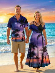 Coconut Tree Ombre Dusk Galaxy Print Plus Size Matching Hawaii Beach Outfit For Couples -  