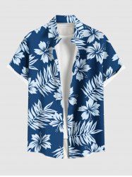 Chemise hawaïenne grande taille pour homme, à imprimé feuilles tropicales et fleurs d'hibiscus, boutons et poche. - Bleu Ciel M