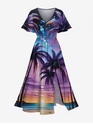 Robe midi fendue hawaïenne à imprimé galaxie, cocotier et paysage marin, grande taille - Pourpre  6X