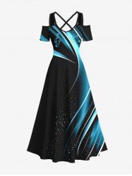 Plus Size Cross Musical Notes Galaxy Light Beam Print Cold Shoulder Crisscross Hawaii Maxi Dress -  