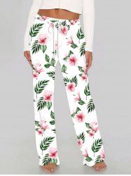 Pantalon hawaïen à jambes larges, imprimé fleurs et feuilles, grande taille, cordon de serrage - Blanc L