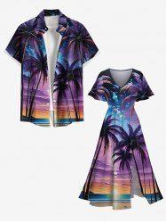 Galaxy Coconut Tree Seascape Print Plus Size Matching Hawaii Beach Outfit For Couples -  