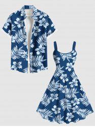 Ensemble de plage hawaïen assorti pour couples, imprimé feuilles tropicales et fleurs d'hibiscus, grandes tailles - Bleu Ciel 