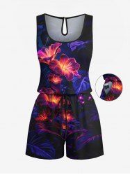 Plus Size Hibiscus Flower Leaf Glitter 3D Print Cinched Hawaii Romper -  