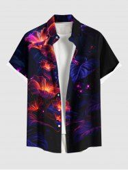 Plus Size Hibiscus Flower Leaf Glitter 3D Print Buttons Pocket Hawaii Shirt For Men -  