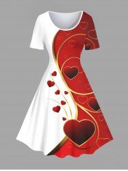 Robe vintage grande taille à imprimé cœur et blocs de couleurs pour la Saint-Valentin - Rouge 2X