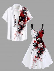 Ensemble de plage hawaïen assorti pour couples, imprimé tie-dye fleurs, feuilles et branches, grandes tailles - Blanc 