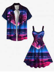 Ensemble de plage hawaïen assorti grande taille, imprimé cœur et noix de coco, mer ombrée, pour couples - Bleu 