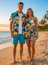 Matching Hawaii Shirt and Romper Plus Size Beach Outfit Coconut Tree Cloud Colorful Sky Print For Couples -  