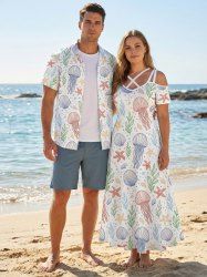 Jellyfish Shell Starfish Leaf Print Plus Size Matching Hawaii Beach Outfit For Couples -  