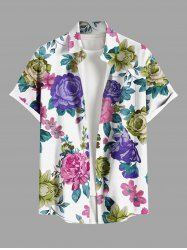 Plus Size Colorful Flower Leaf Print Hawaii Button Pocket Shirt For Men -  