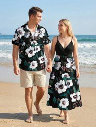 Impression de peinture à l'huile de fleurs et de feuilles, grande taille, tenue de plage hawaïenne assortie pour couples - Noir 