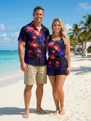 Ensemble hawaïen assorti chemise et barboteuse grande taille, tenue de plage à imprimé feuilles tropicales et hibiscus pour couples - Bleu profond 