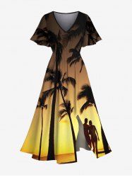 Robe midi trapèze grande taille à imprimé ombré crépusculaire, style hawaïen, avec poches fendues et cocotiers. - Jaune L