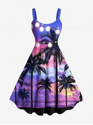 Robe trapèze hawaïenne grande taille à imprimé galaxie ombré et cocotiers illuminés - Pourpre  M