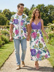 Colorful Flower Leaf Print Plus Size Matching Hawaii Beach Outfit For Couples -  