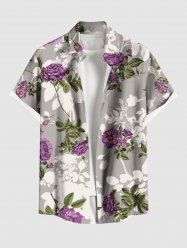 Chemise hawaïenne à imprimé floral, feuilles et branches, grande taille, avec poche boutonnée, pour hommes - Gris Foncé 5XL