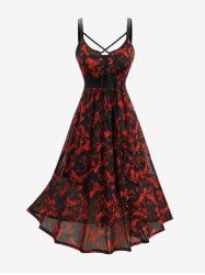 Plus Size Rose Flower Print Grommets Lace Up Tank Dress -  
