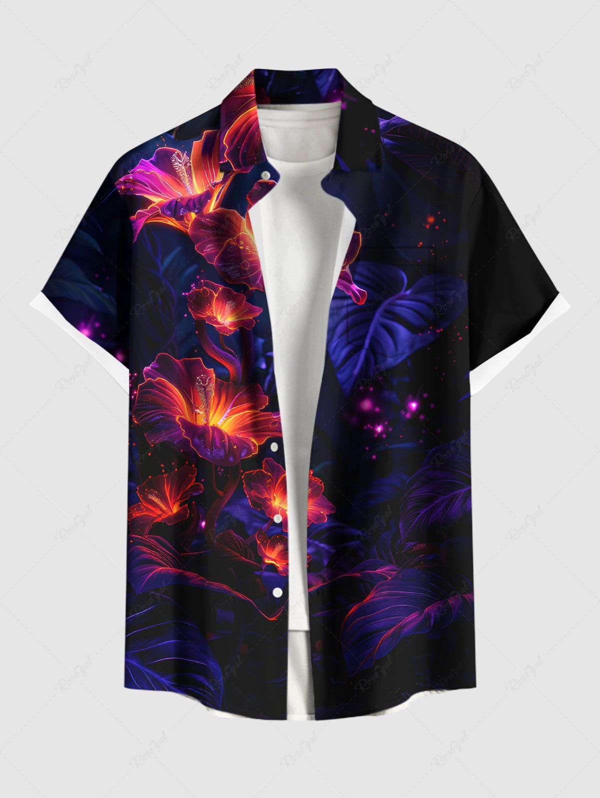 Chemise hawaïenne grande taille pour homme, imprimée en 3D avec des fleurs d'hibiscus pailletées, des boutons et une poche. Bleu profond 6XL