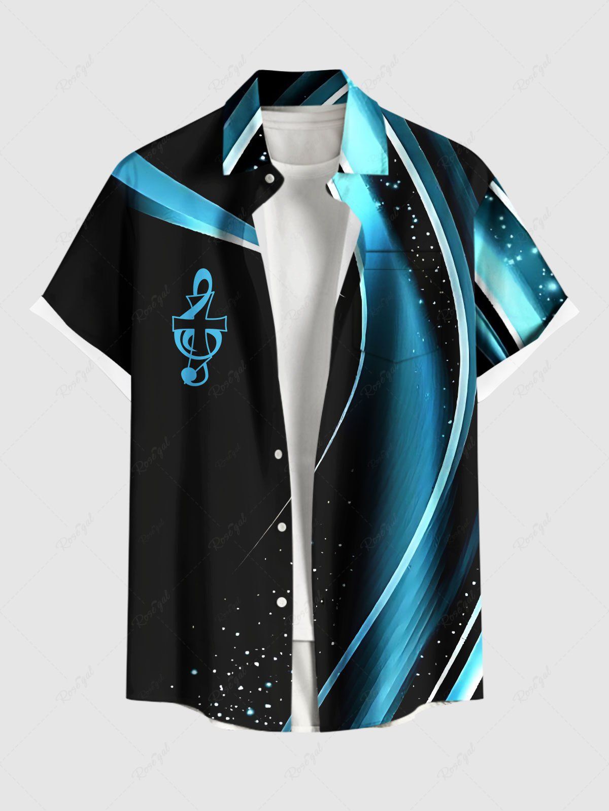 Outfit Plus Size Cross Musical Notes Galaxy Light Beam Print Buttons Pocket Hawaii Shirt For Men  
